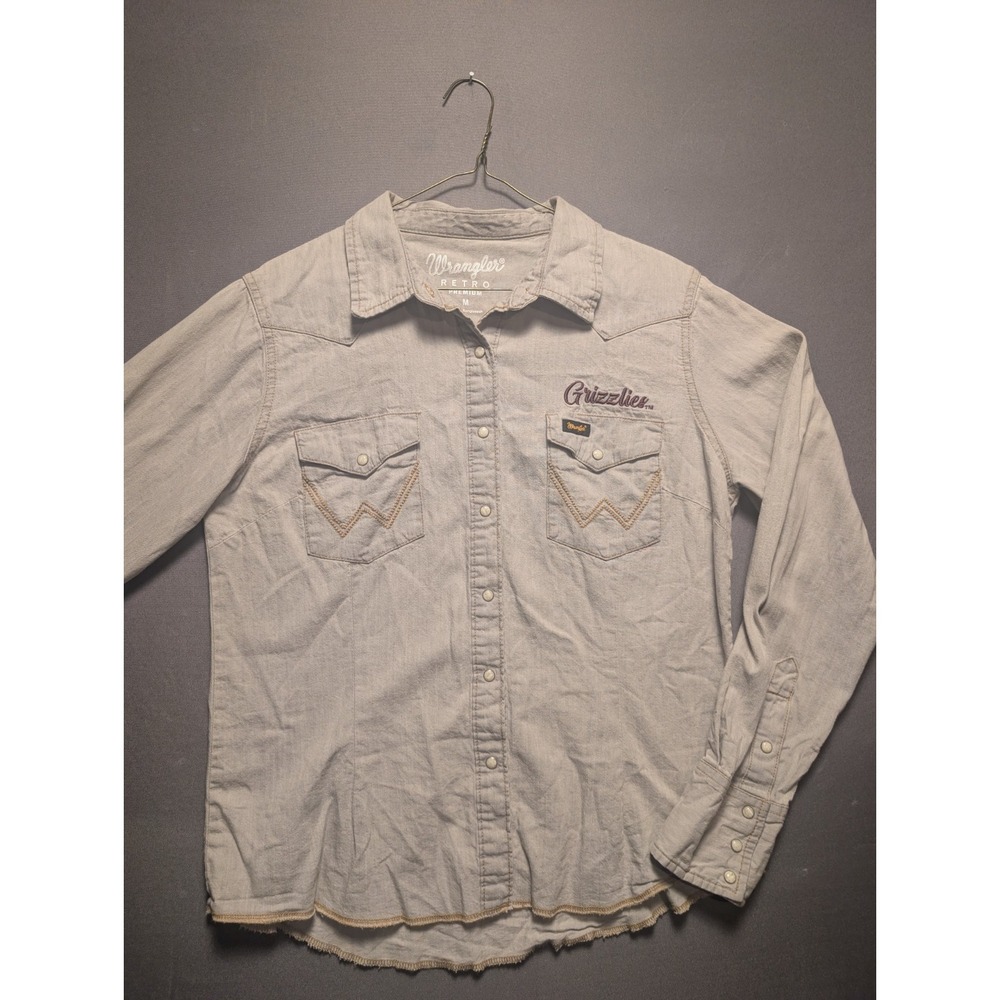 Wrangler Retro Premium Western Shirt Women's M Gray Denim Grizzlies Embroidered